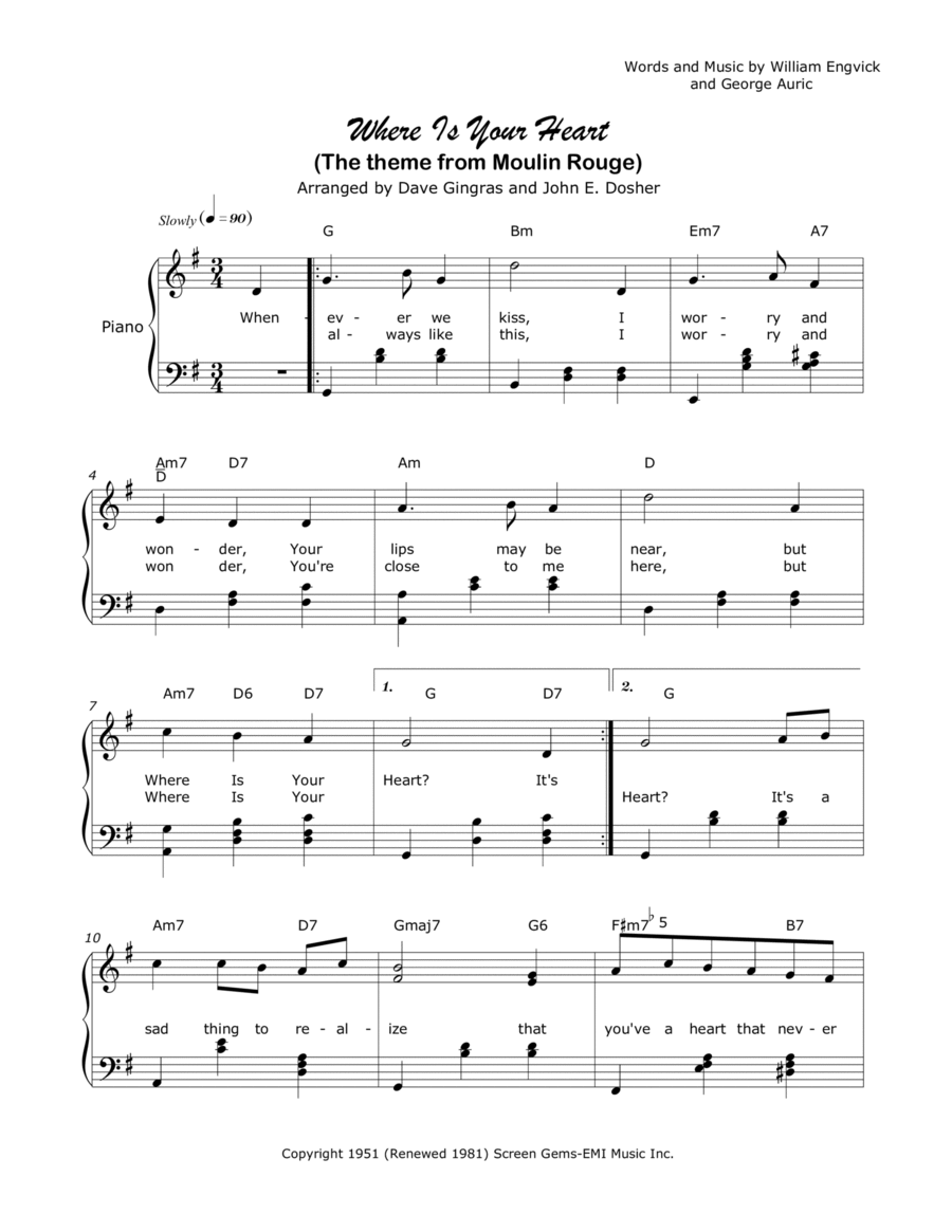 Where Is Your Heart (The Song From Moulin Rouge) sheet music for voice,  piano or guitar